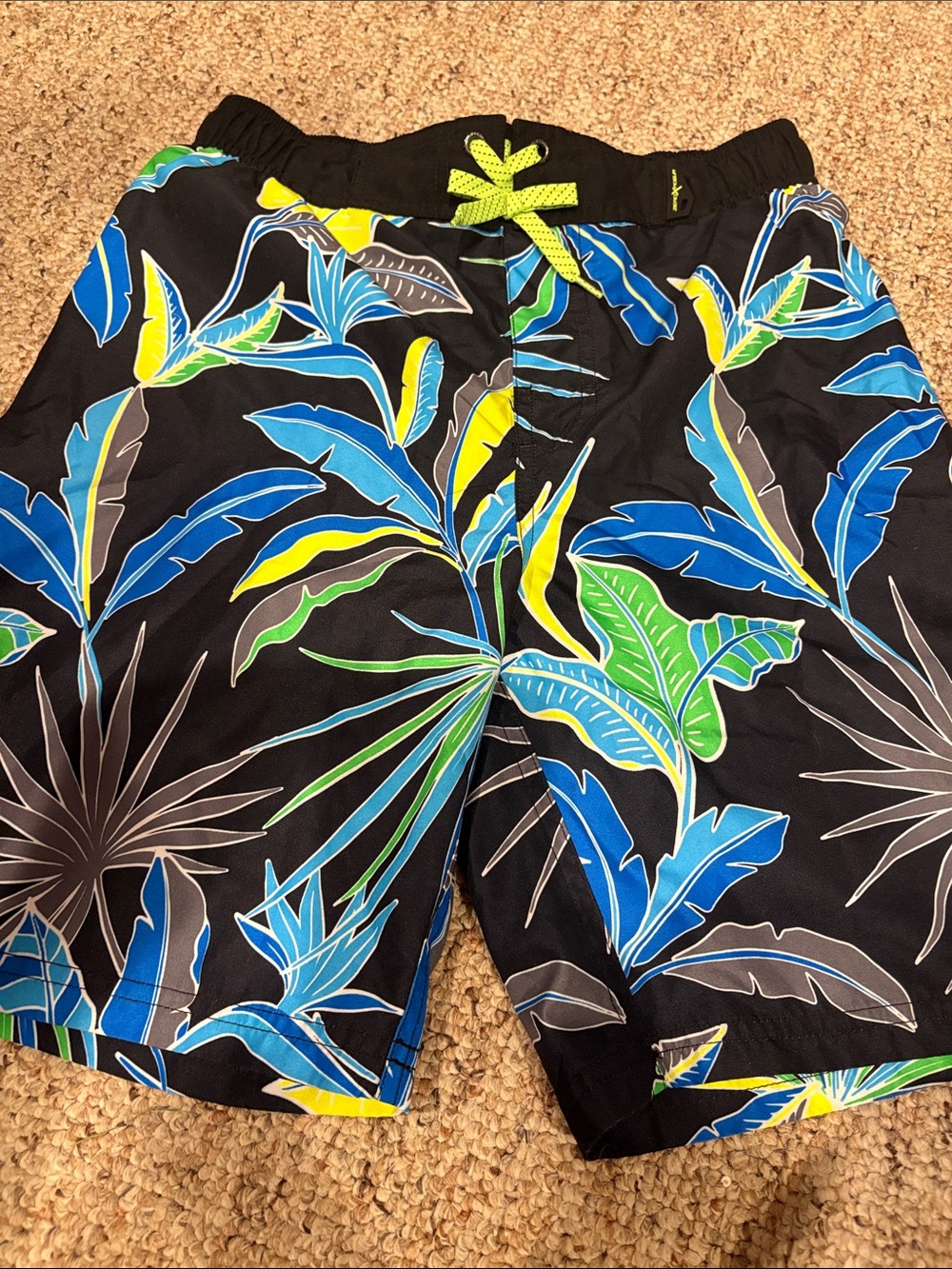 Boys  Black Tropical Print Swim Trunks with Blue & Green Accents